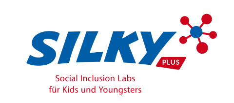 Logo SILKYplus in blauer Schrift mit rotem Text plus, oben recht Molekül