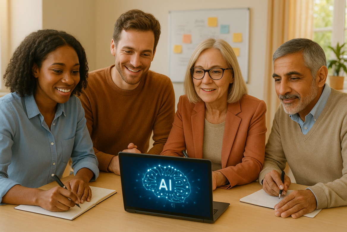 vier Menschen vor einem Laptop mit einem Symbol für KI. Bild generiert von ChatGPT
