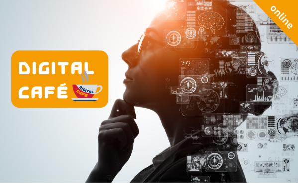 Frau nachdenklich mit Prozessorstruktur am Kopf