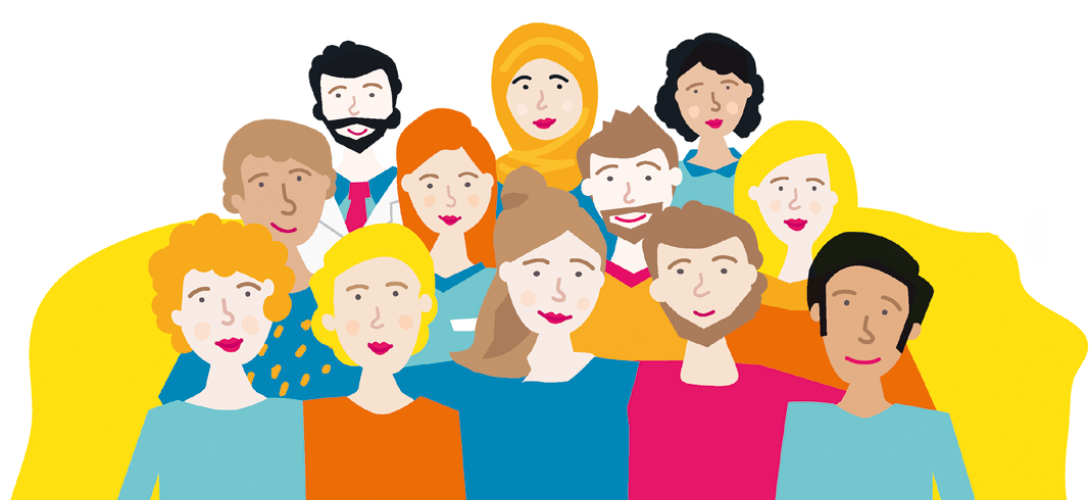 Illu mit bunten Menschen die fröhlich zusammenstehen 