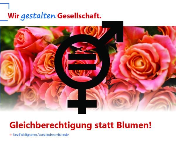 Bund roter Rosen mit dem Symbol für eine Frau in Schwarz mit Gleichheitszeichen
