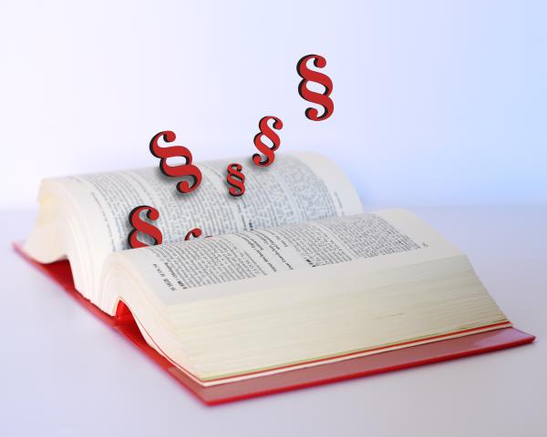 Aufgeschlagenes Gesetzbuch mit fliegenden Paragrafen