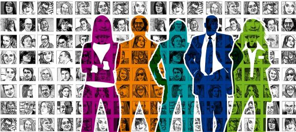 Poster mit Fotos von vielen Gesichtern in schwarweiß und farbigen Figuren im Vordergrund