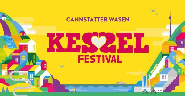 Gelbes Plakat mit bunten Häusern am Hang und blaues Wasser in der Mitte