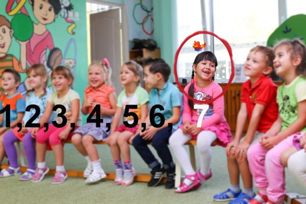 Mehrere kleine Kinder sitzen nebeneinander auf Stühlen. Das 7. Kind ist rot eingekreist