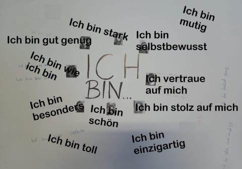 Bild "Ich bin" mit vielen positiven Assoziationen, z. b. Ich bin toll, Ich bin mutig, ...