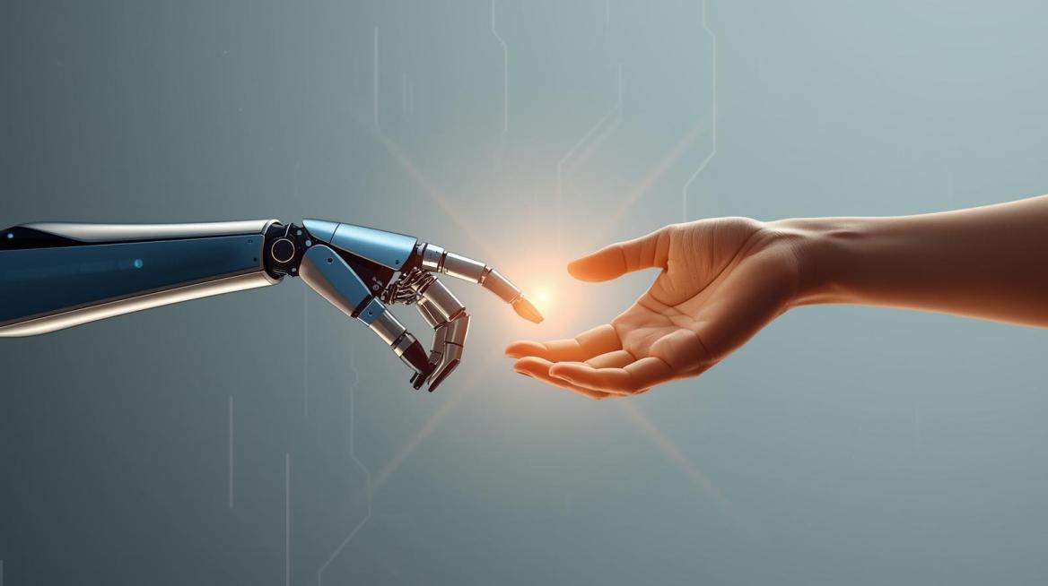 eine Roboterhand berührt eine menschliche Hand