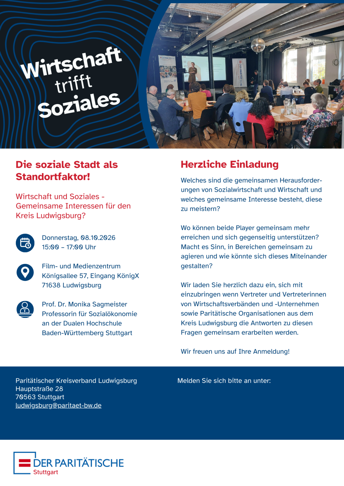 Publikum hört dem Vortrag einer Frau auf der Bühne zu: Bildüberschrift: Sozial-Politisches Forum 2026