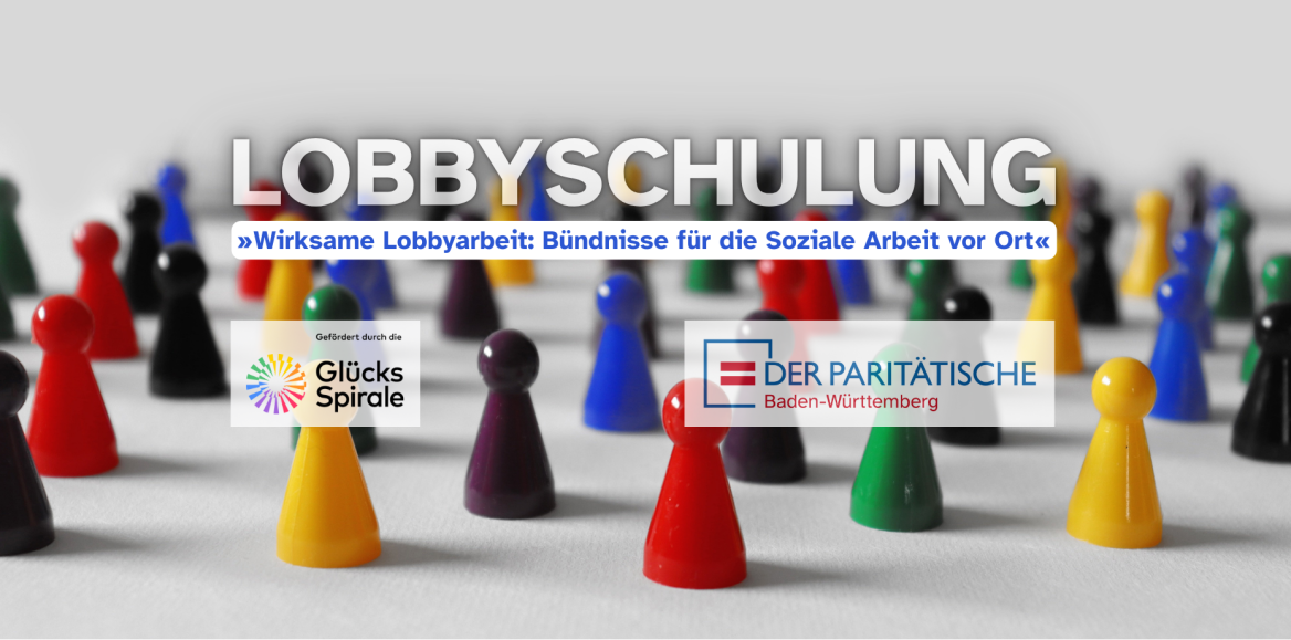 Bunte Spielfiguren stehen im Hintergrund. Im Vordergrund der Text Wirksame Lobbyarbeit: Bündnisse für die Soziale Arbeit vor Ort